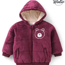 Babyoye woven Full Sleeves Hooded Winter Jacket with Bear Patch - Maroon-image-93
