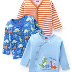 Babyhug Interlock Cotton Knit Full Sleeves Front Open Vests With Stripes & Dino Print Pack of 3 - Orange & Blue-7