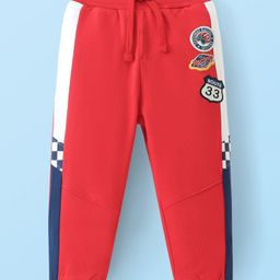 Babyhug French Terry Full Length Cut & Sew Lounge Pant Badges Print - Red-image-52