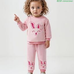 Babyoye Solid Dyed Full Sleeves Winter Suit with Bunny Print - Light Pink-image-97