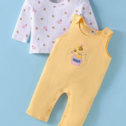 ToffyHouse 100% Cotton Knit Full Sleeves T-Shirt &Dungaree Style Romperwith Bees Embroidery - Lemon Yellow & White-image-86