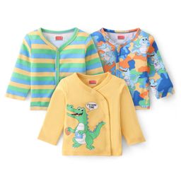 Babyhug 100% Cotton Knit Full Sleeves Striped & Crocodile Printed Front Open Vests Pack of 3 - Yellow & Green-image-53