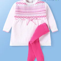 Babyoye Knit Solid Dyed Full Sleeves Sweater Set with Aztec Design - Dark Pink & White-picture-26