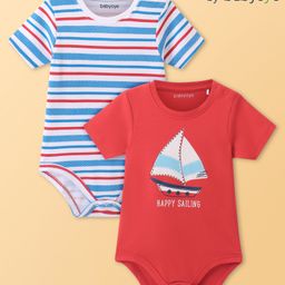 Babyoye 100% Cotton Knit With Eco Jiva Finish Half Sleeves Striped & Boat Printed Onesies Pack of 2 - Red & White-picture-30