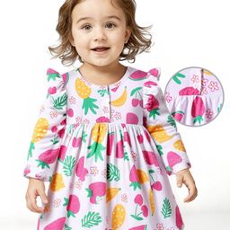 Doodle Poodle 100% Cotton Knit Full Sleeves Frock with Bloomer & Tropical Theme Print - White-image-28