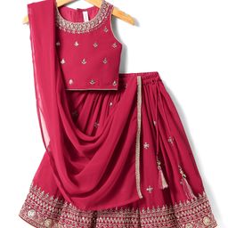 Babyhug Woven Sleeveless Embroidered Lehenga Choli Set with Dupatta & Floral Design & Lace Detailing - Dark Pink-picture-20