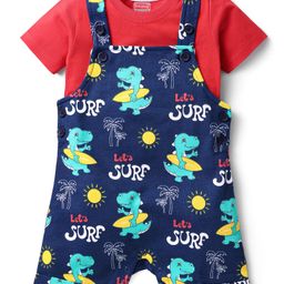 Babyhug Single Jersey Knit Beach Theme Printed Dungaree with Half Sleeves Inner Tee - Red & Navy Blue-image-35