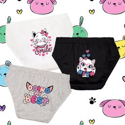 NUSYL Cotton Pack Of 3 Cute Cat & Smile Text Printed Panties - White Black & Grey-23