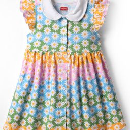 Babyhug Single Jersey Knit Frill Sleeves Front Open Frock With Floral Print - Multicolor-image-40