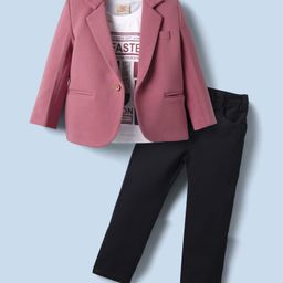 Rikidoos Full Sleeves Solid Blazer With Typography Printed Tee & Pant Set - Dusty Pink & Navy Blue-image-57