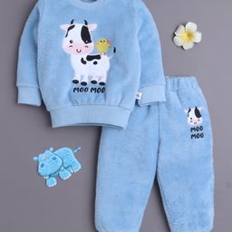 BUMZEE Cotton Blend Knit Full Sleeves Cow Embroidered Light Winter Sweatshirt & Jogger Set - Blue-picture-6