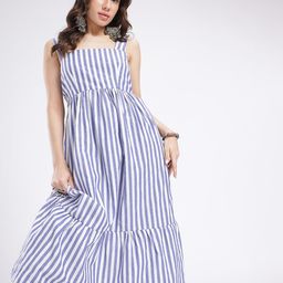 glitchez Striped Gathers A-Line Back Tie-Up Midi Dress-image-25