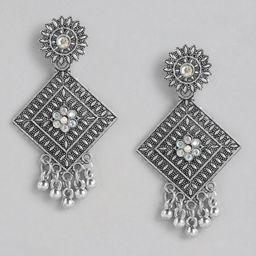 Sangria Silver-Plated Oxidised Artificial Stones & Beads Geometric Drop Earrings-20