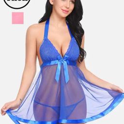FIMS: Fashion is my Style Pink & Blue Lace Work Babydoll With Thong-picture-39