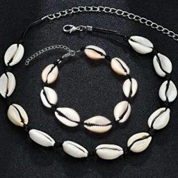 Oomph White & Black Sea Shell Bohemian Beachwear Fashion Necklace & Anklet Set-56