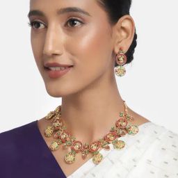 Zaveri Pearls Green & Pink Stones Goddess Laxmi & Peacock Inspired Necklace & Earring Set-ZPFK9906-image-18