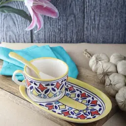 VarEesha Rangriti Yellow Ceramic Soup Cup with Spoon & Platter (250 ml)-27
