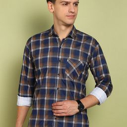 FUBAR Men Tartan Checks Spread Collar Cotton Casual Shirt-picture-36