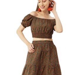 Moomaya Green & Orange Floral Print Crop Top With Skirt-image-88