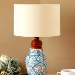 Unravel India 'Flower Motif Mugal Art' Blue & White Ceramic Table Lamp With Shade - Set of 1-47
