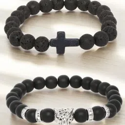 OOMPH Combo of 2 Black Beads Bracelet Animal & Cross Design Punk Biker Style For Men image 1