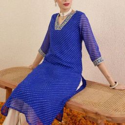 Indo Era Blue Chiffon Regular Fit Printed Kurta-image-69