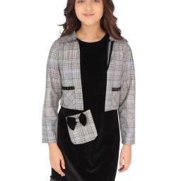 Cutecumber Kids Black Checks Shift Dress, Shrug with Sling Bag-image-88