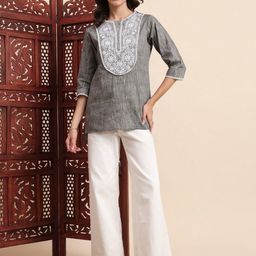 KALINI Ethnic Motifs Embroidered Thread Work Pure Cotton Thread Work A-Line Kurti-image-53