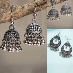 NVR Silver-Toned German Silver Oxidized Dome Shaped Jhumki Earrings for Women - Set of 3-9