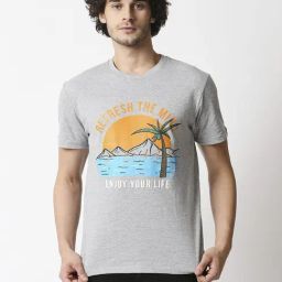 Blamblack Grey Cotton Regular Fit Printed T-Shirt-image-0