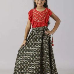 Kiddopanti Kids Red & Green Embroidered Lehenga Cholis-image-31