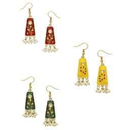 Oomph Meenakari Small With Kundan & Pearls Multicolor Drop Earrings - Set of 3 image 3