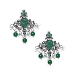 Oomph Oxidized Silver Stone With Beads Ethnic Green Drop Earrings image 3