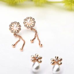 Zaveri Pearls Combo of 2 Rose Gold Cubic Zirconia & Pearls Brass Stud & Drop Earring - ZPFK10850-6