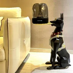 Smokey Cocktail Black Resin Doberman Butler Sculpture With Metal Serving Tray-image-44