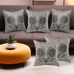 Myntra Elegant Homes Black & Grey Set of 5 Square Cushion Covers-6