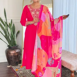 DIVASTRI Women Embroidered Empire Sequinned Chanderi Silk Kurta with Trousers & With Dupatta-image-68