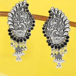Oomph Oxidized Silver Tone Peacock Shape Jhumki Earrings-image-64