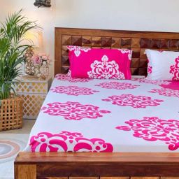 Urban Space Divine Half & Half Paradise Pink Cotton 144 TC Queen Bedsheet With Pillow Covers-image-65
