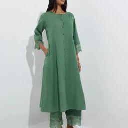 Utsa by Westside Green Lace Detailed Cotton-Blend A-Line Kurta-17