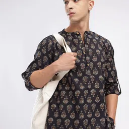 Anouk Rustic Band Collar Floral Printed Roll-Up Sleeves Kurta-image-5
