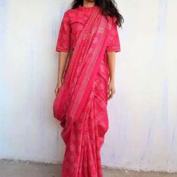 Chidiyaa Rani Pink Block Printed Cotton Mulmul Saree - Butterfly Girls-picture-16