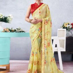 Satrani Light Yellow Floral Print Saree With Unstitched Blouse-image-65