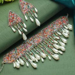 Aatmana Multi Pearl-Studded & Beaded Tasselled Choker Necklace & Earring Set-image-29