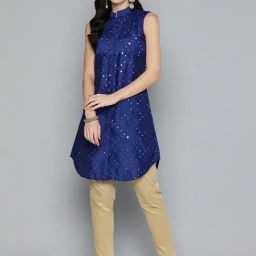 Jompers Blue Embroidered A Line Kurti-image-49