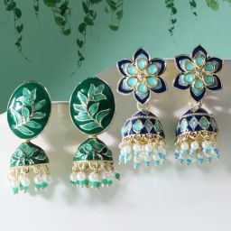 Zaveri Pearls Set of 2 Green & Blue Meenakari Ethnic Jhumki Earrings-ZPFK15118-image-95
