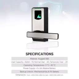 ZKTeco Smart Door Lock with Fingerprint, Reversible Handle, LED Indicator, Emergency Key- PL10 image 4