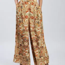 Label Ritu Kumar Khaki Floral Relaxed Fit Mid Rise Palazzos-image-2