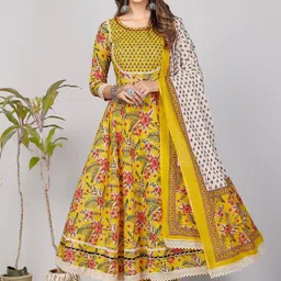 KALINI Floral Printed Pure Cotton Round Neck Anarkali Kurta With Trousers & Dupatta-14