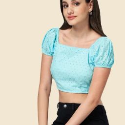 YU by Pantaloons Aqua Blue Cotton Self Pattern Crop Top-picture-16